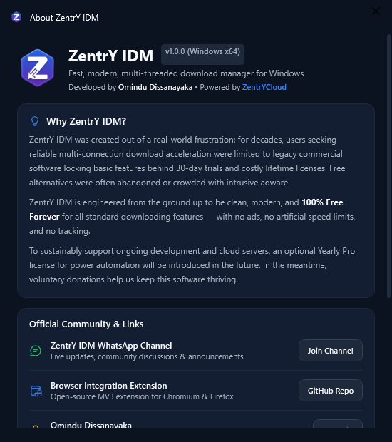 ZentrY IDM About and Mission Dialog Screenshot