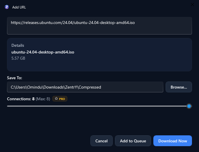 ZentrY IDM Add Download Dialog Screenshot