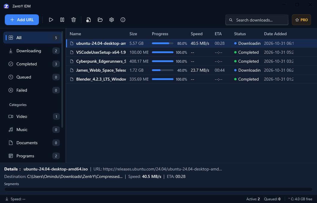 ZentrY IDM Windows Download Manager Main Window