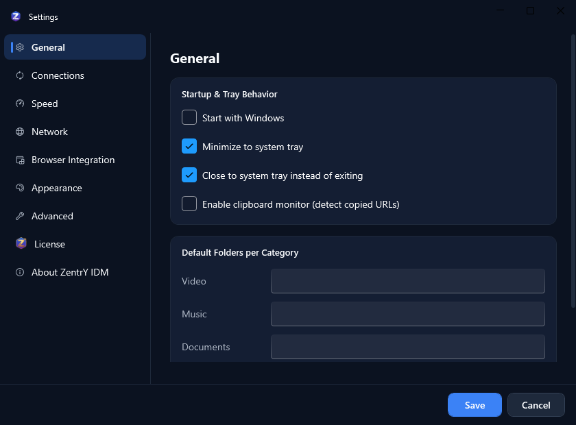 ZentrY IDM Settings Window Screenshot